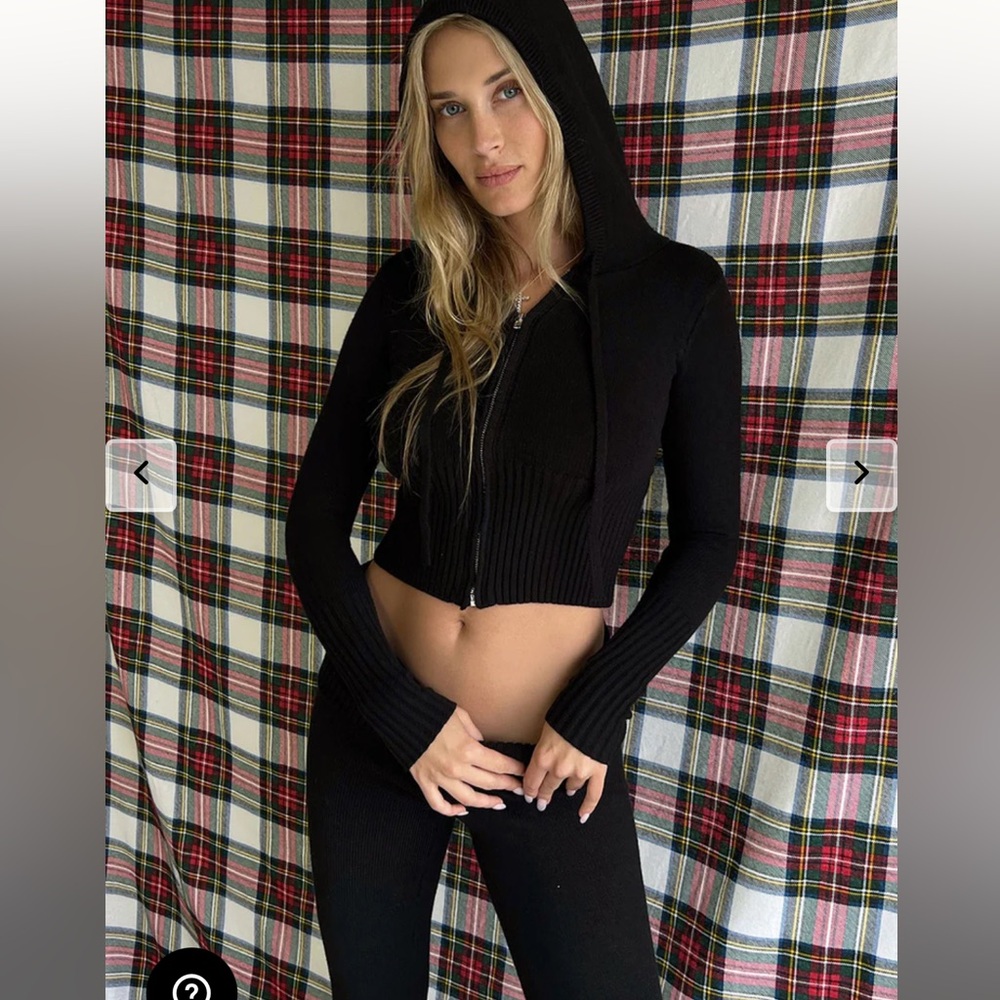 Frankie’s Bikinis Aimee Cloud Knit Zip Up Hoodie Flare Pant Set - Black
